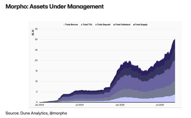 The graph shows the Metrics of Morpho with TVL, Total Borrow, Total Deposits, Total collateral and Total Supply. 