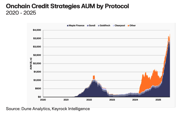 The chart shows the Onchain Credit AUM by protocol with Maple Finance currently leading with over 3B $ AUM. 